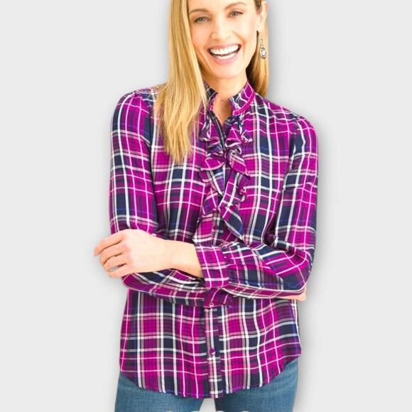 Chicos Womens Blouse Sz 12 Flannel Ruffles Button Shirt Purple Preppy #570315357 - Picture 1 of 16